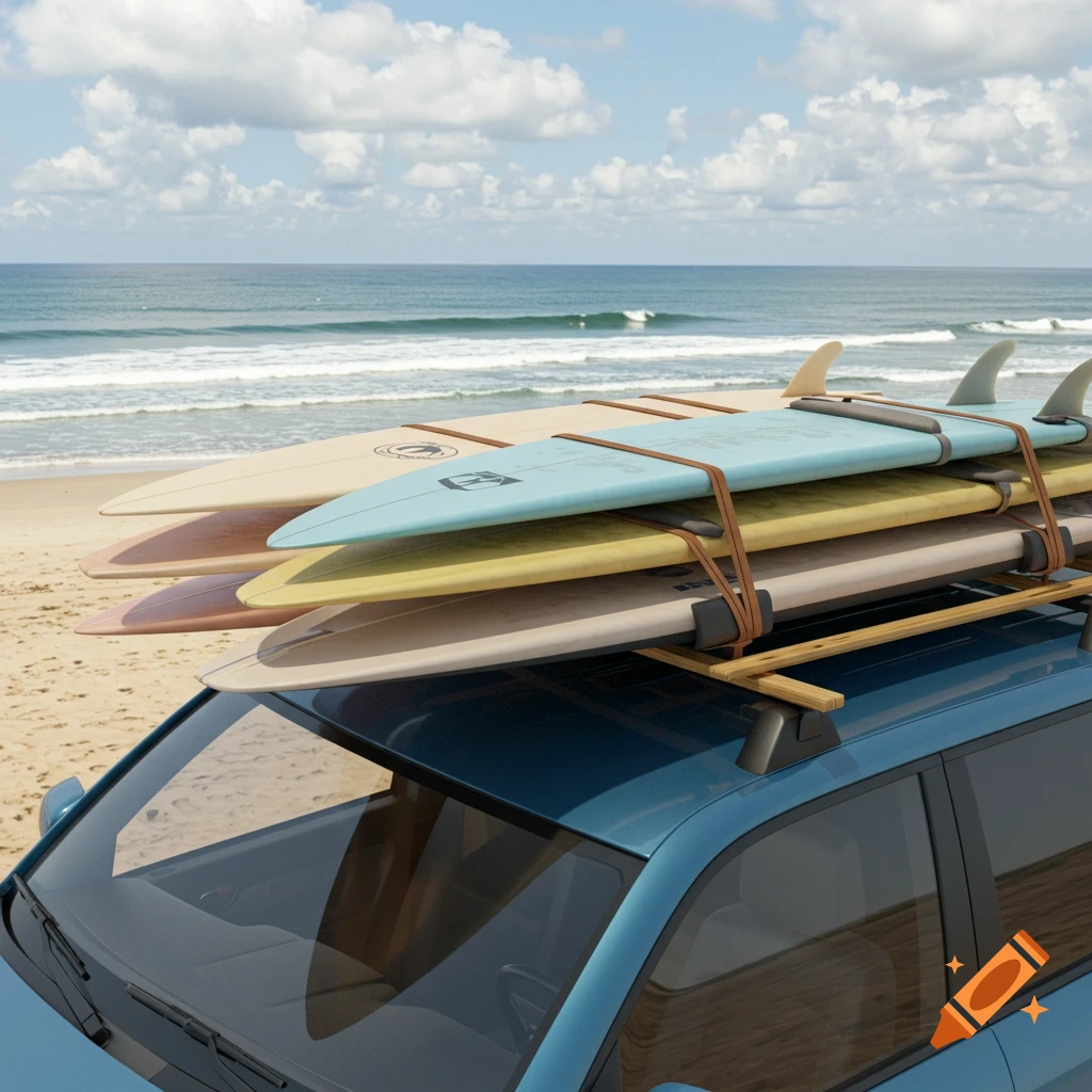 A blue car with four colorful surfboards strapped to its roof rack, parked on a sandy beach next to the ocean under a cloudy sky. Photorealistic.