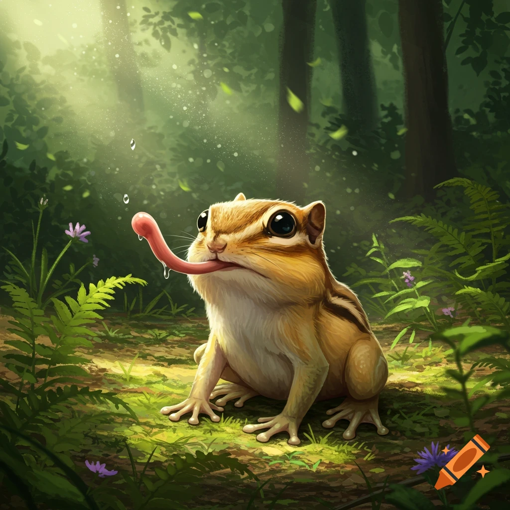 A cute chipmunk-frog hybrid with big eyes sticks out a long, sticky tongue in a sunlit forest.