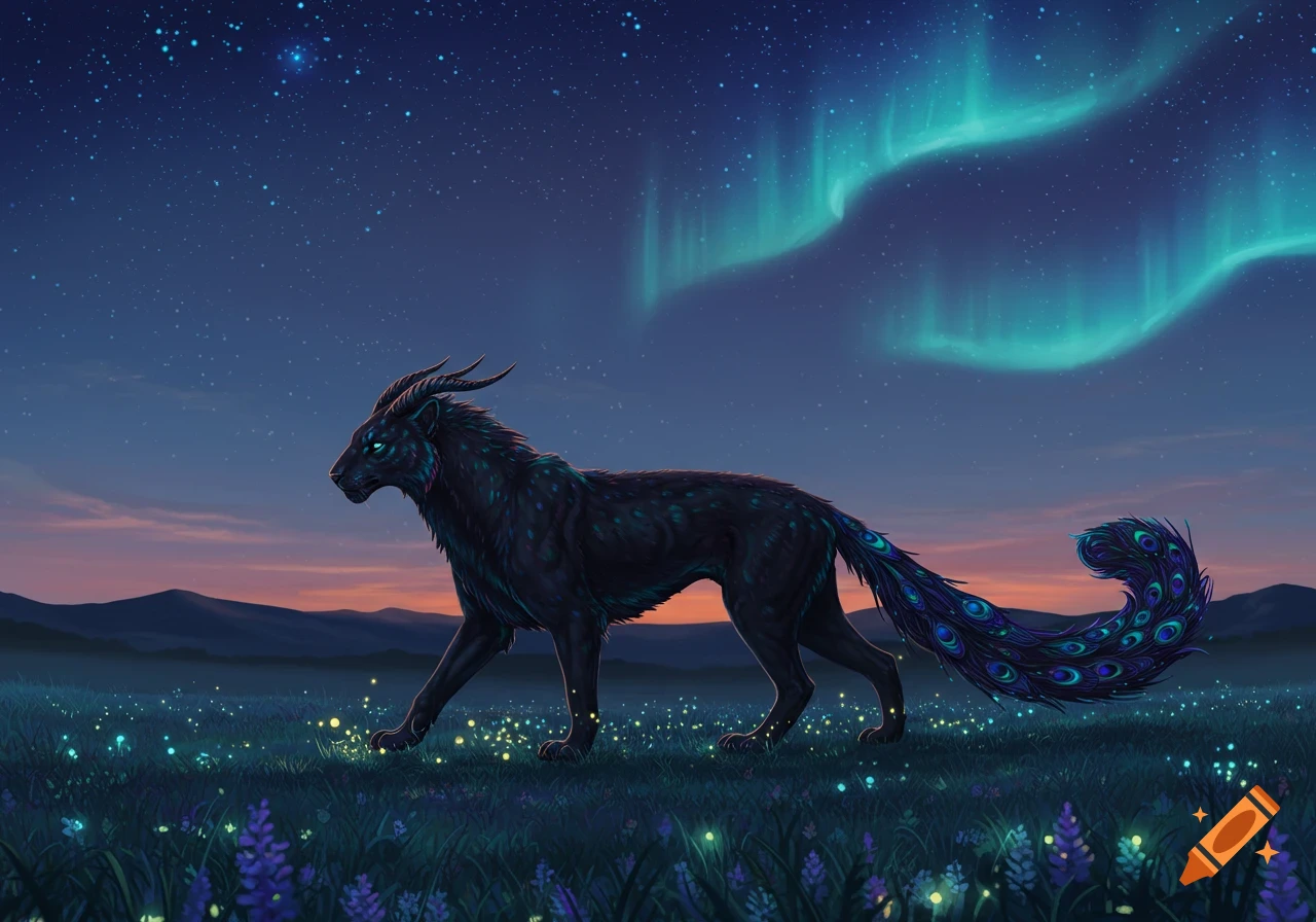 A dark fantasy creature with horns and a peacock tail walks through a field of glowing plants under a starry sky with aurora borealis.