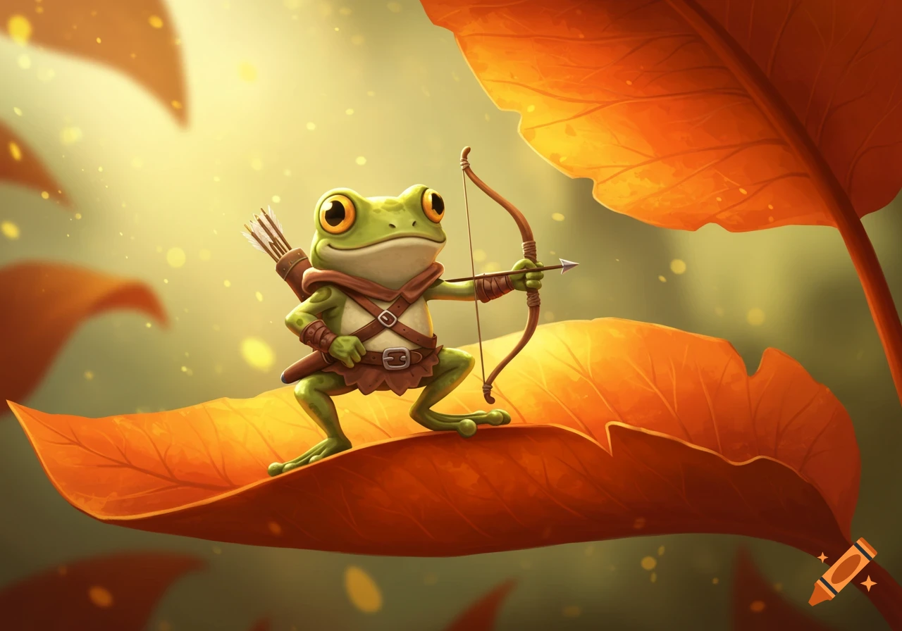 A cute cartoon frog archer stands on a large orange leaf, holding a bow and arrow, against a glowing, warm background.
