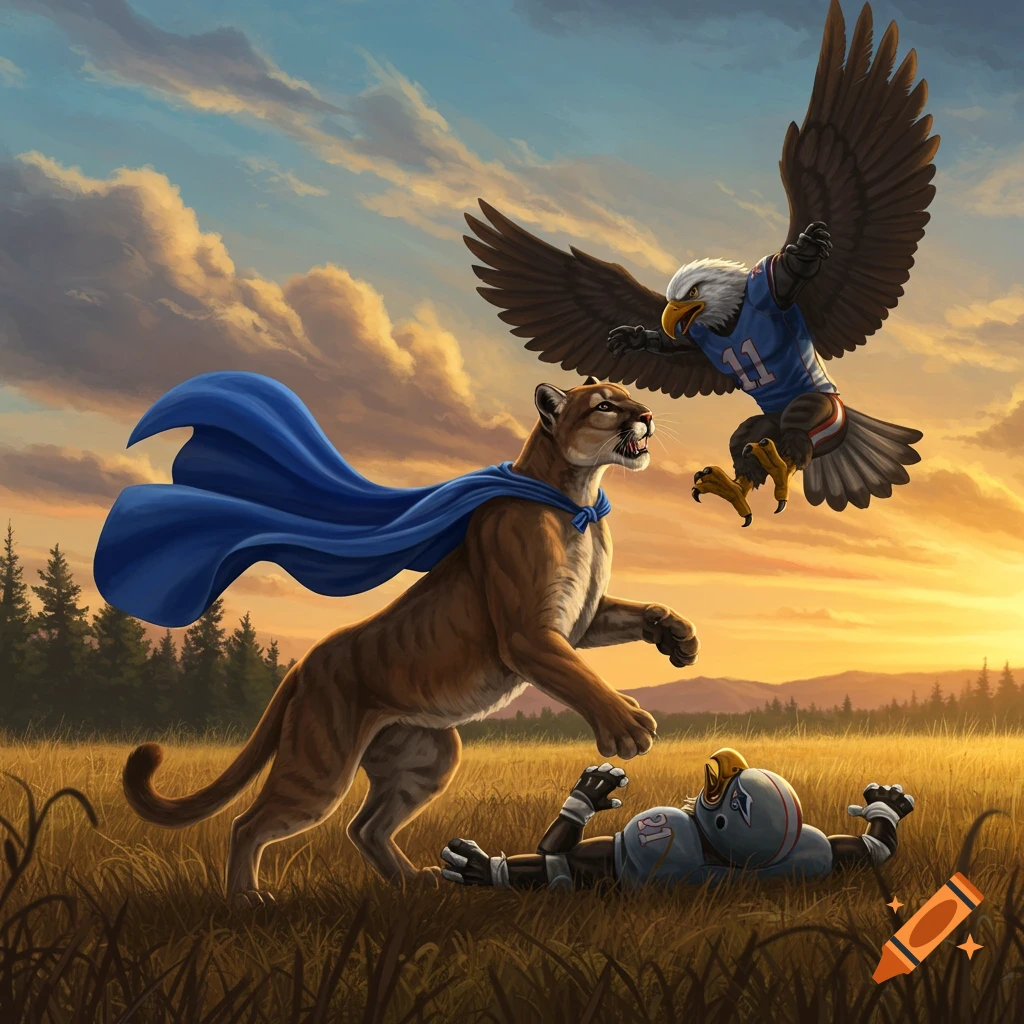 An illustrated cougar in a blue cape and an eagle in a football jersey stand over a fallen player in a field at sunset.