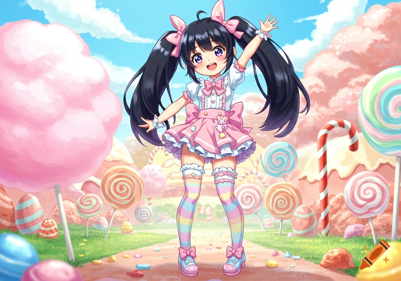 Cute anime girl with black pigtails and rainbow thigh-highs in a vibrant candy land with lollipops and cotton candy.