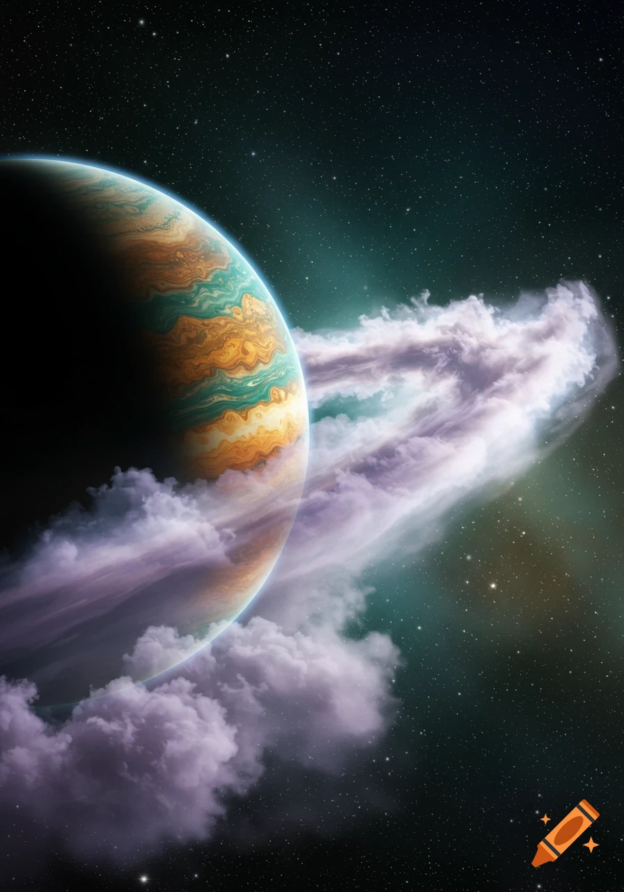 A vibrant gas giant planet with orange and teal swirls, partially covered by purple clouds, against a starry dark space.