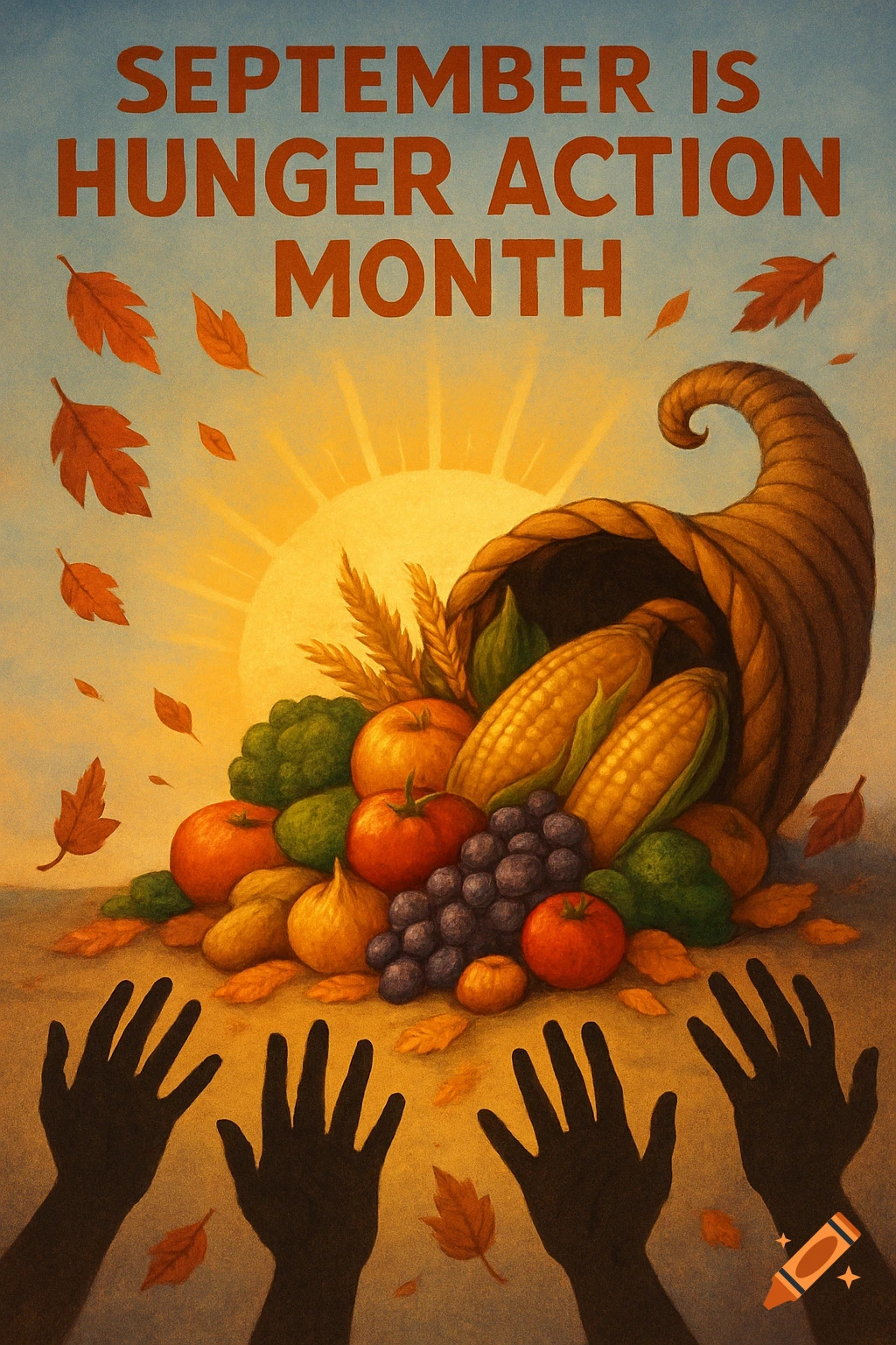 Illustration of a cornucopia filled with produce, fall leaves, a sun, and silhouetted hands, with text "SEPTEMBER IS HUNGER ACTION MONTH".