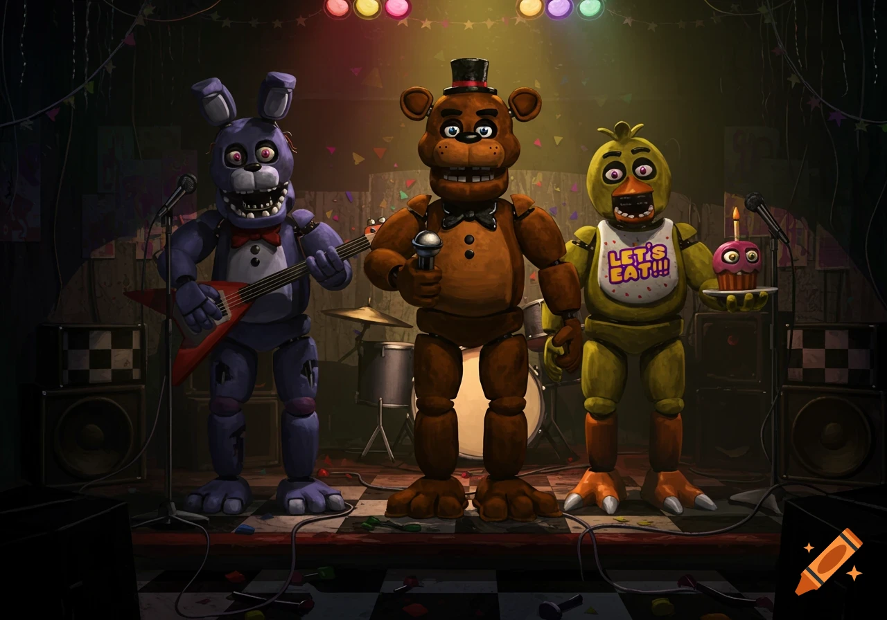 Bonnie, Freddy Fazbear, and Chica the Chicken animatronics on a dark stage with instruments and stage lights.