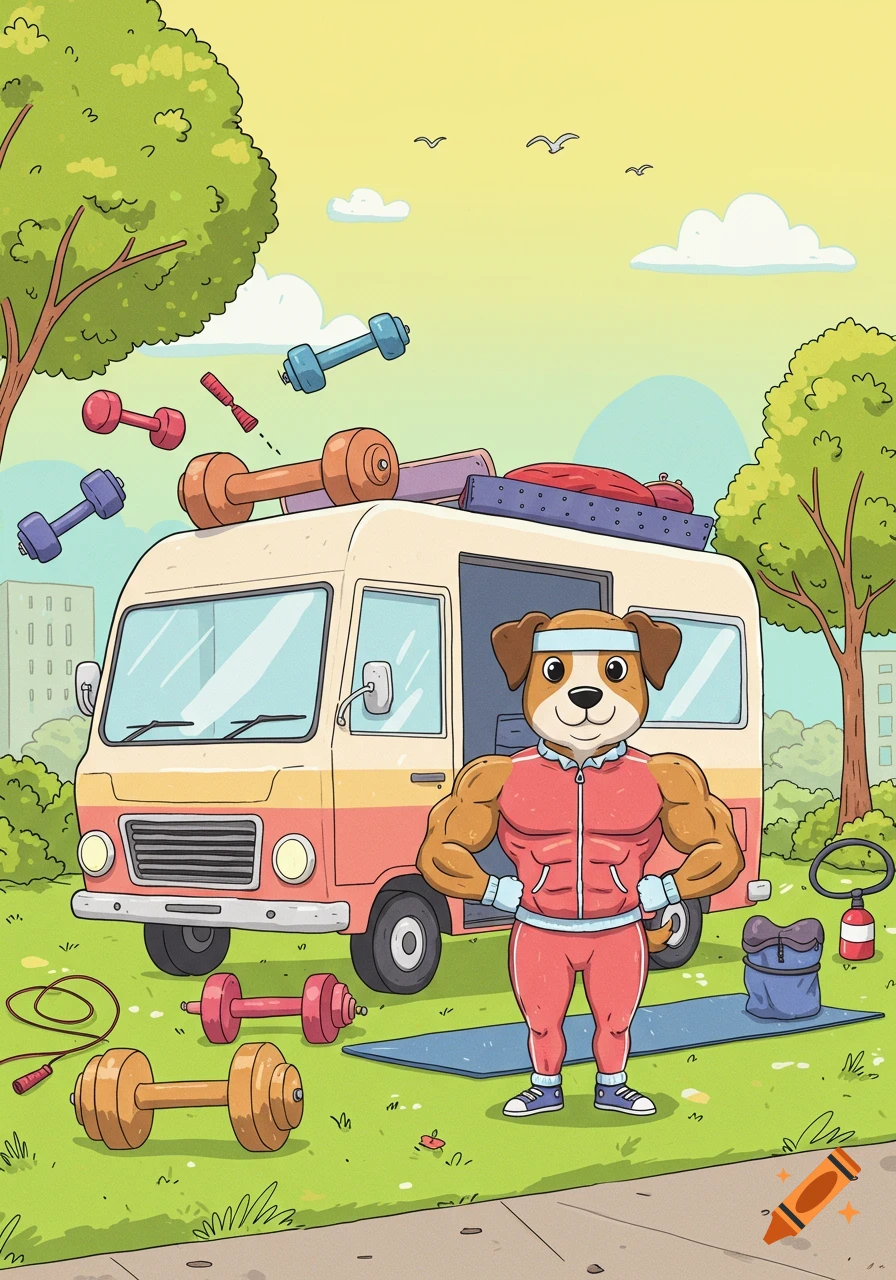A muscular cartoon dog in a tracksuit stands in front of a retro van, surrounded by dumbbells and gym equipment in a park setting.
