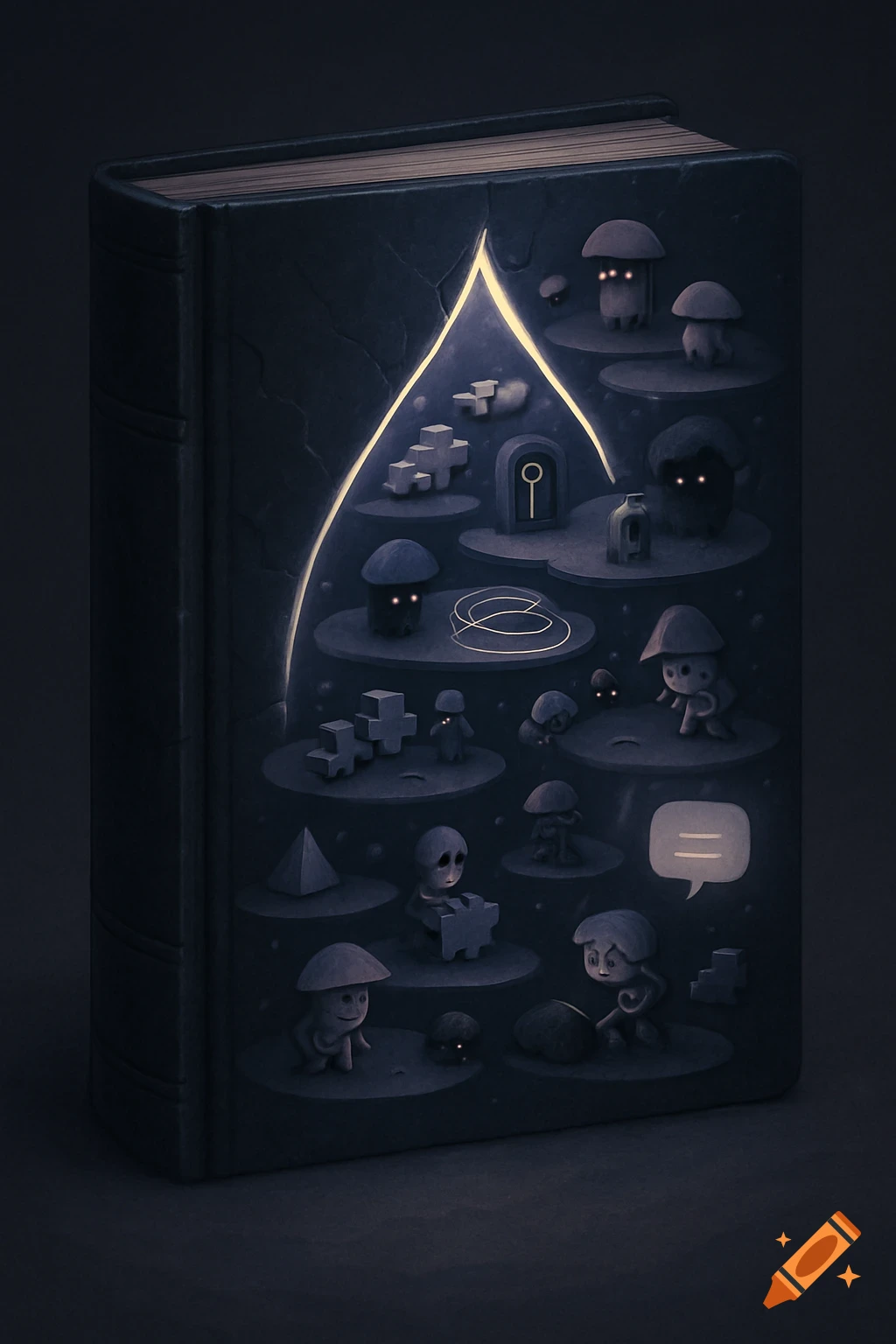 A dark, stylized book with a glowing portal showing a layered fantasy world of whimsical creatures and symbolic objects.