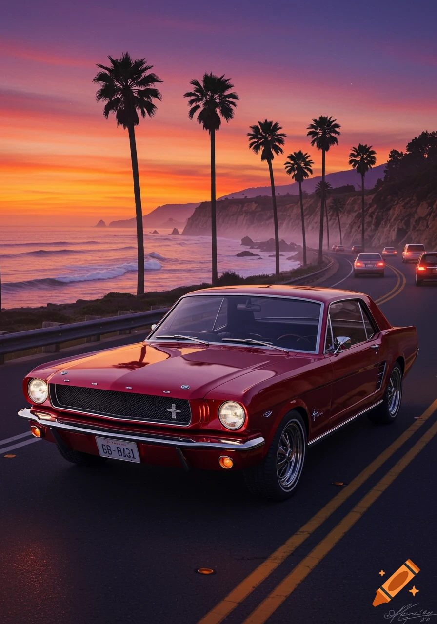 A red classic Ford Mustang drives along a scenic coastal road lined with palm trees at a vibrant sunset, with the ocean to the left.