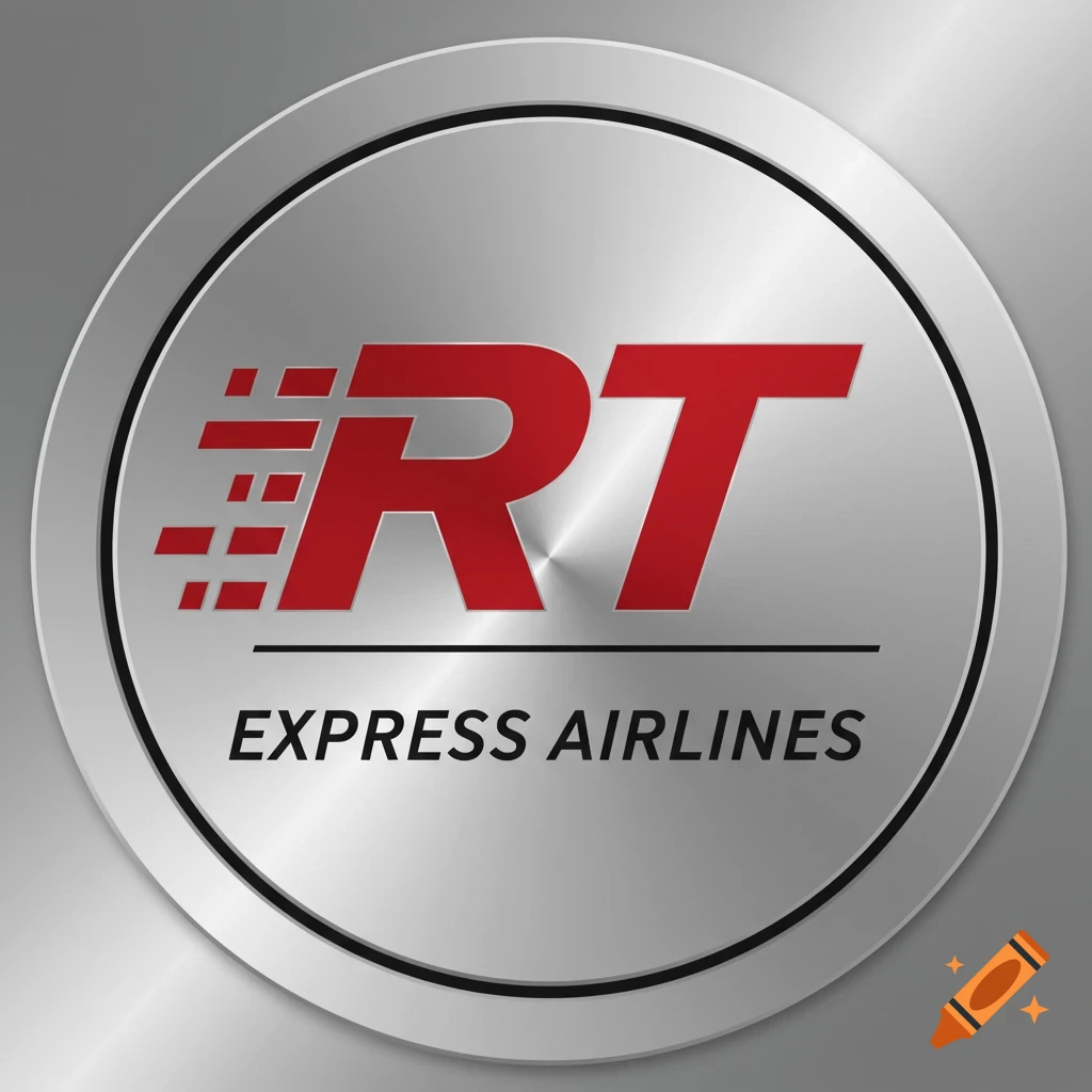 A round silver metallic logo with red text "RT" and black text "EXPRESS AIRLINES" below it.