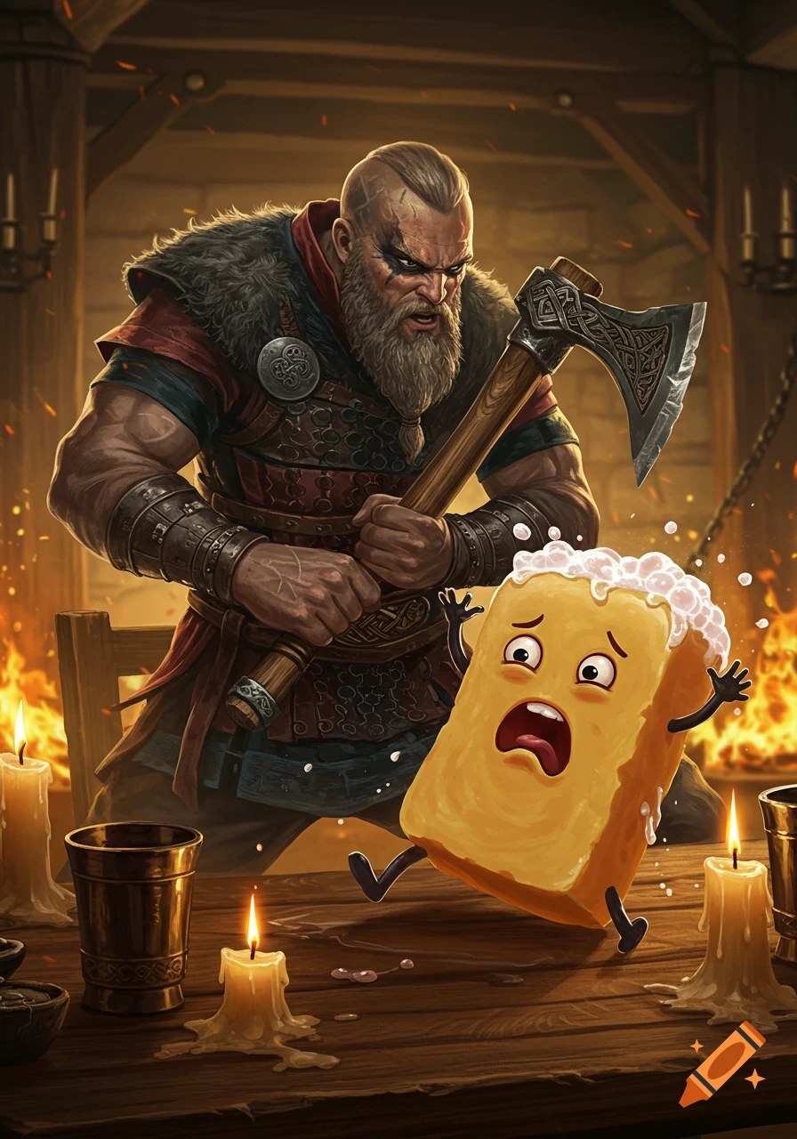 A fierce Viking raises an axe over a terrified bar of soap in a dimly lit, fiery tavern. Stylized fantasy illustration.
