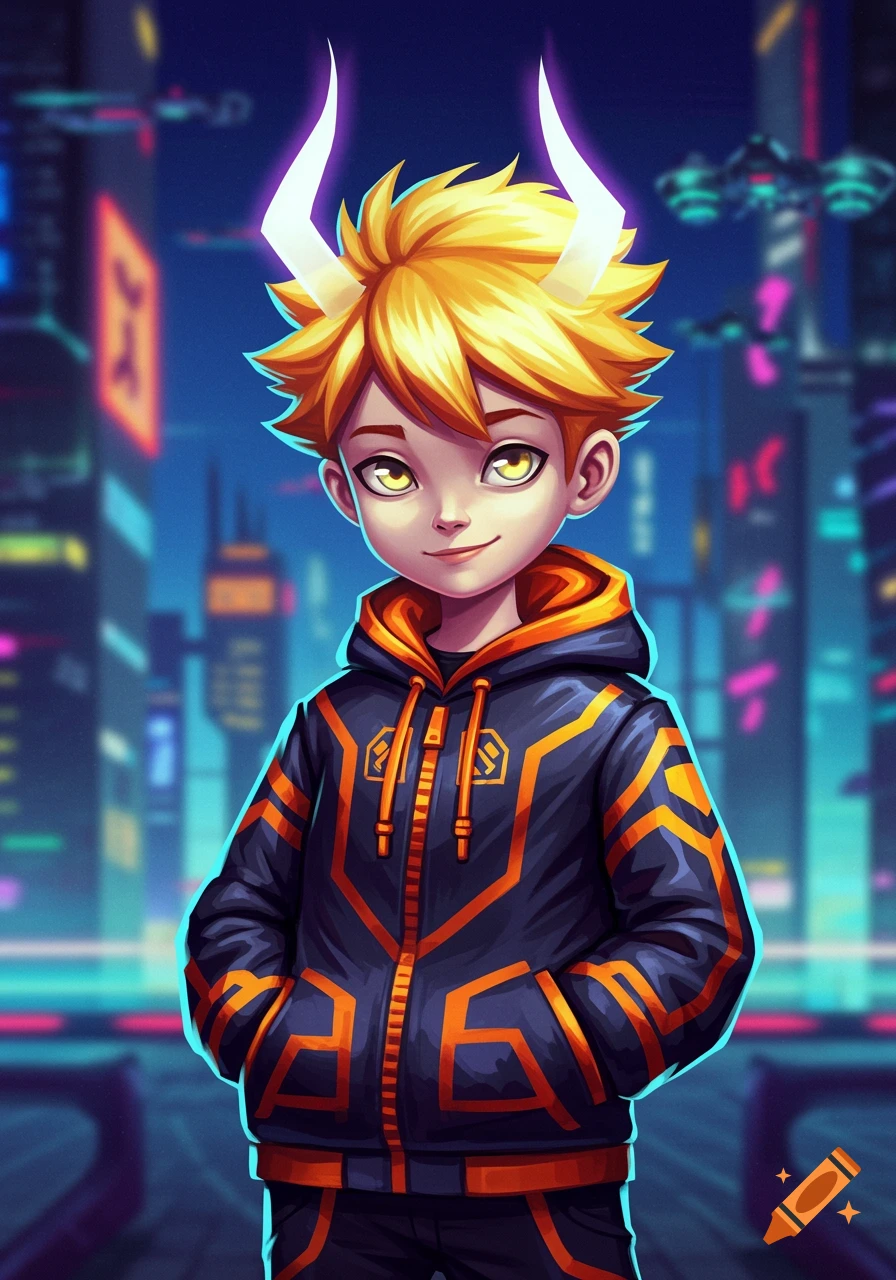 A cartoon boy with spiky yellow hair and glowing white horns wears a black and orange hoodie, standing in a futuristic city at night.