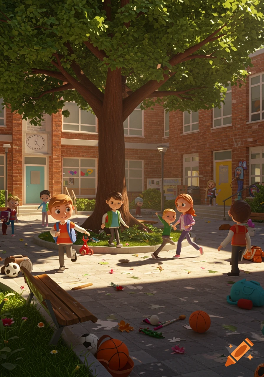 Animated children play in a sunlit school courtyard with a large tree and brick buildings.