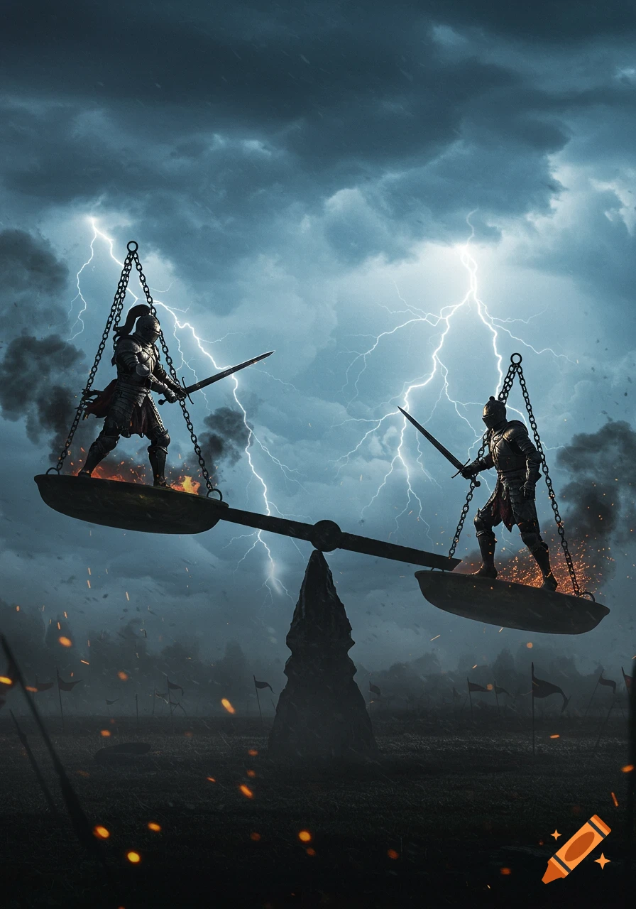 Two armored knights stand on a giant balance scale under a stormy, lightning-filled sky, ready for battle.