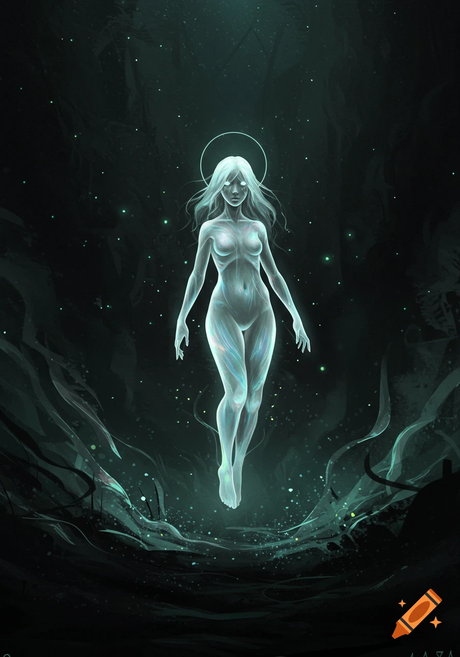 Ethereal glowing female spirit with white hair and a halo floats in a dark, mystical, green-tinged forest. Digital art.