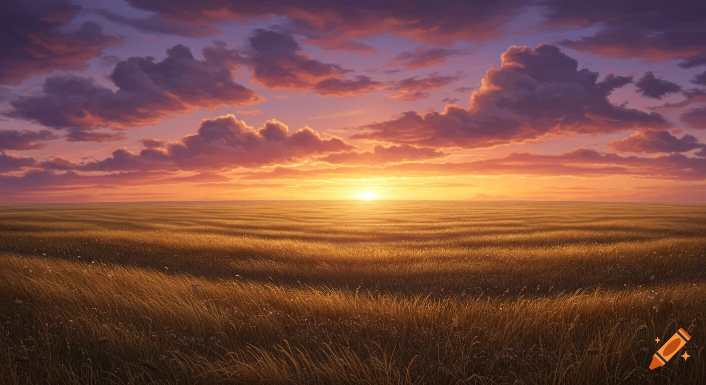 A wide-angle view of golden grasslands under a dramatic sunset sky with orange and purple clouds.