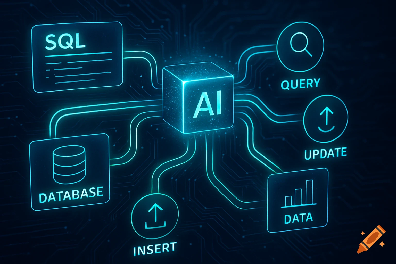 Glowing blue AI cube connected to SQL, database, data, query, update, and insert functions in a conceptual workflow diagram on a dark circuit board.