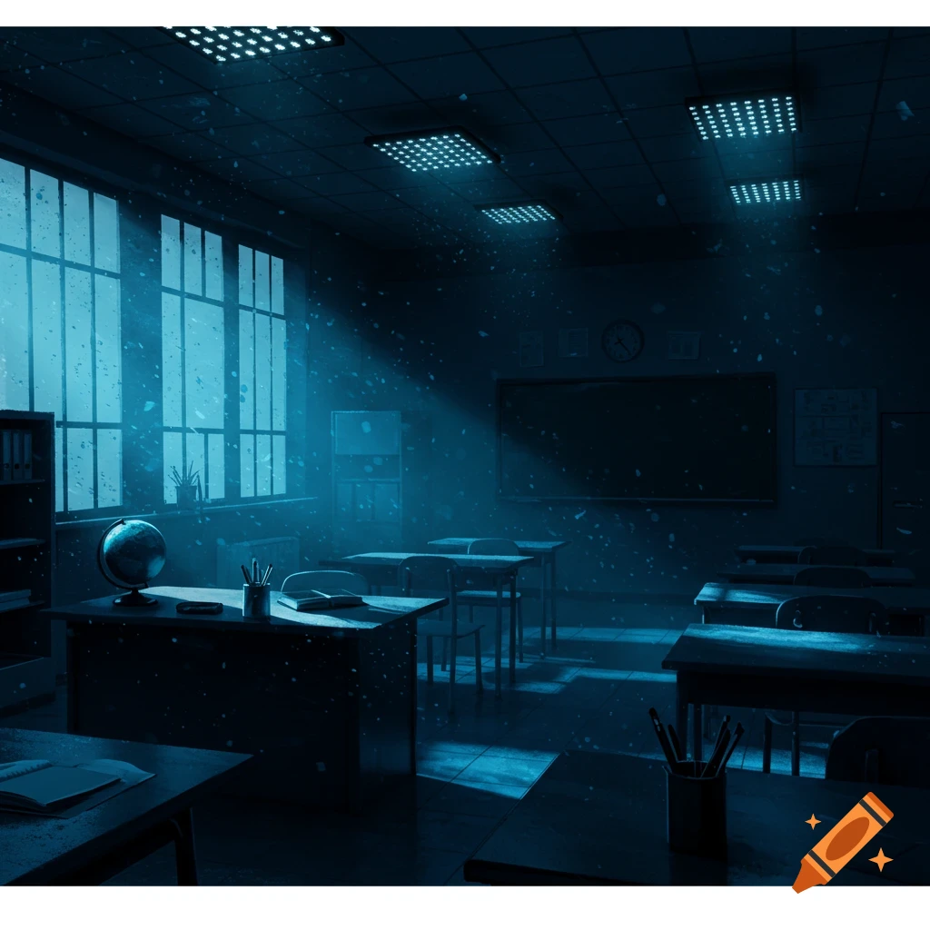 A dimly lit classroom at night, with blue light streaming through large windows and from ceiling LED panels, illuminating dust motes.