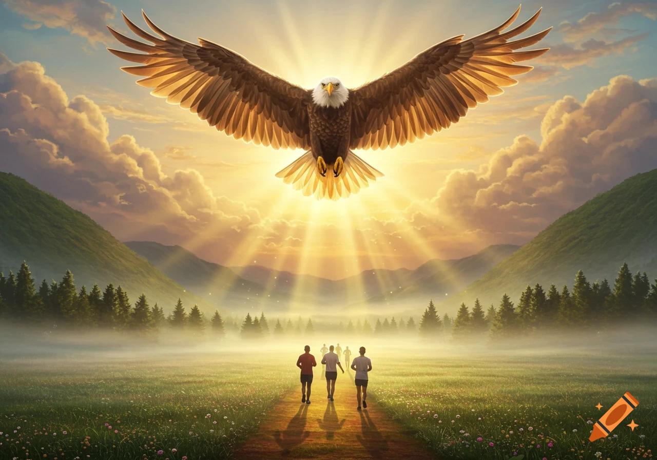 A majestic eagle soars above a misty valley with people running on a path during a golden sunset.