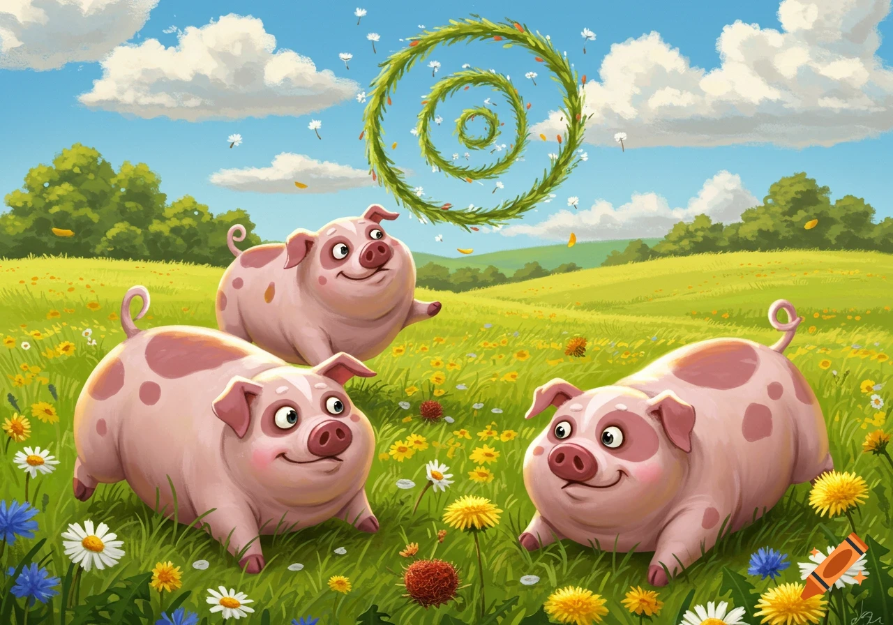 Three happy cartoon pigs frolic in a vibrant flower-filled field under a blue sky with a spiraling vine.