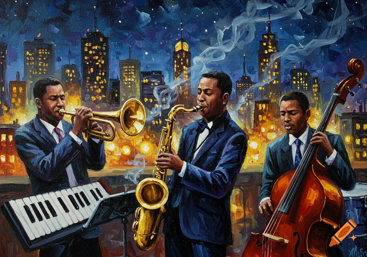 A vibrant oil painting depicts a jazz band playing instruments on a city rooftop at night, with illuminated buildings in the background.