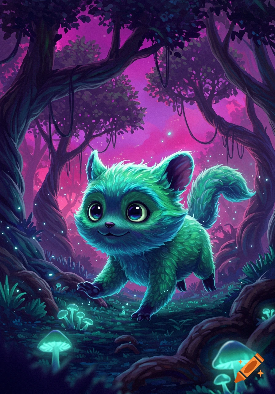 A cute, fluffy green creature with big eyes walks through a vibrant, glowing purple and teal fantasy forest with bioluminescent mushrooms.