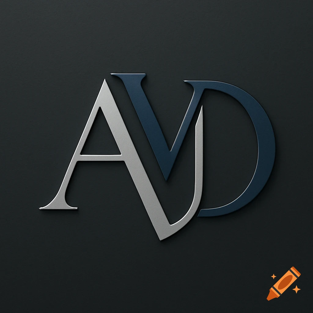 Stylized monogram logo of silver 'A' overlapping dark blue 'V' and 'D' on a dark background with an embossed effect.