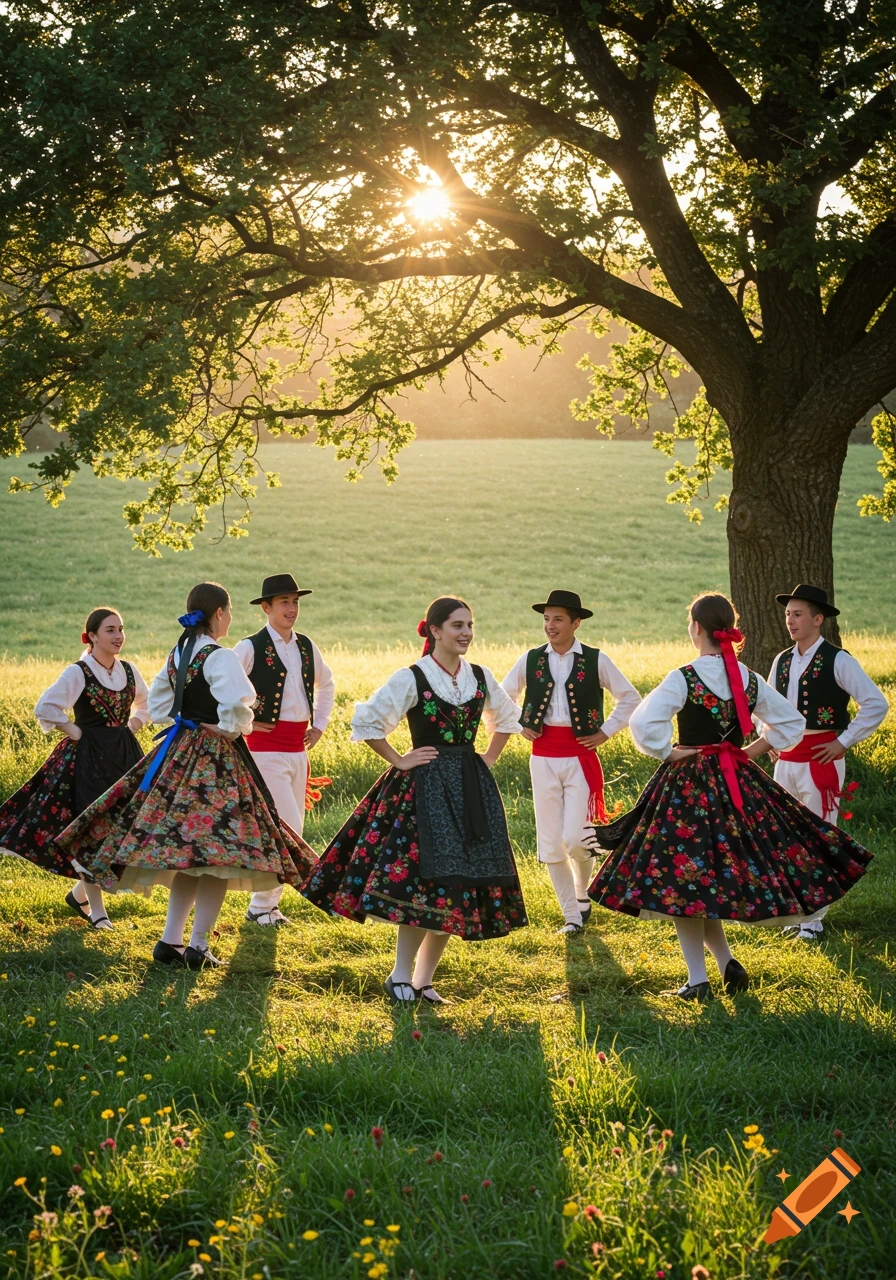 A group of people in traditional folk costumes dancing in a grassy field at sunset under a large tree.