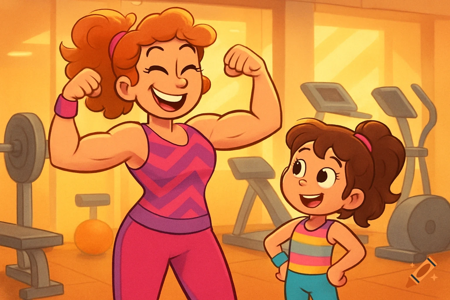Cartoon of a mother flexing her muscles at the gym while her daughter looks on excitedly.
