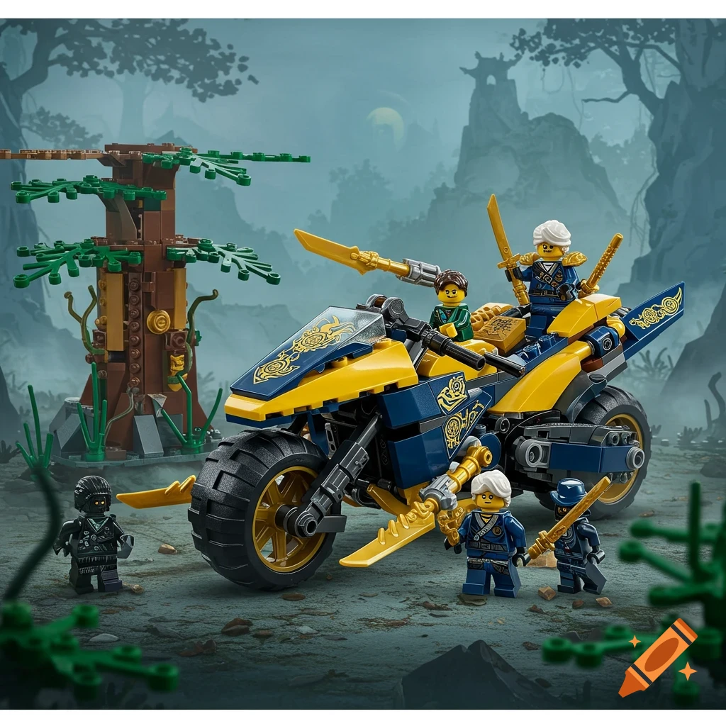 A Lego Ninjago set featuring a yellow and blue ninja stealth bike, four minifigures, and a buildable tree in a misty forest.