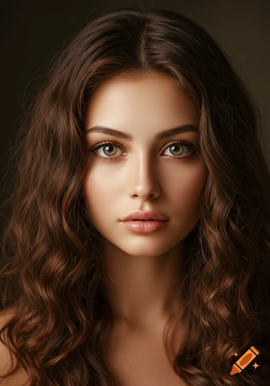Photorealistic close-up portrait of a woman with long, wavy brown hair and intense green eyes, looking forward.