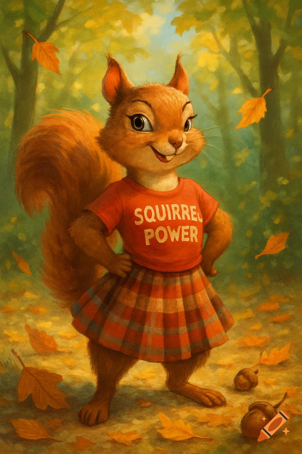 A cute cartoon squirrel wearing a red 'SQUIRREL POWER' t-shirt and plaid skirt stands in an autumn forest.