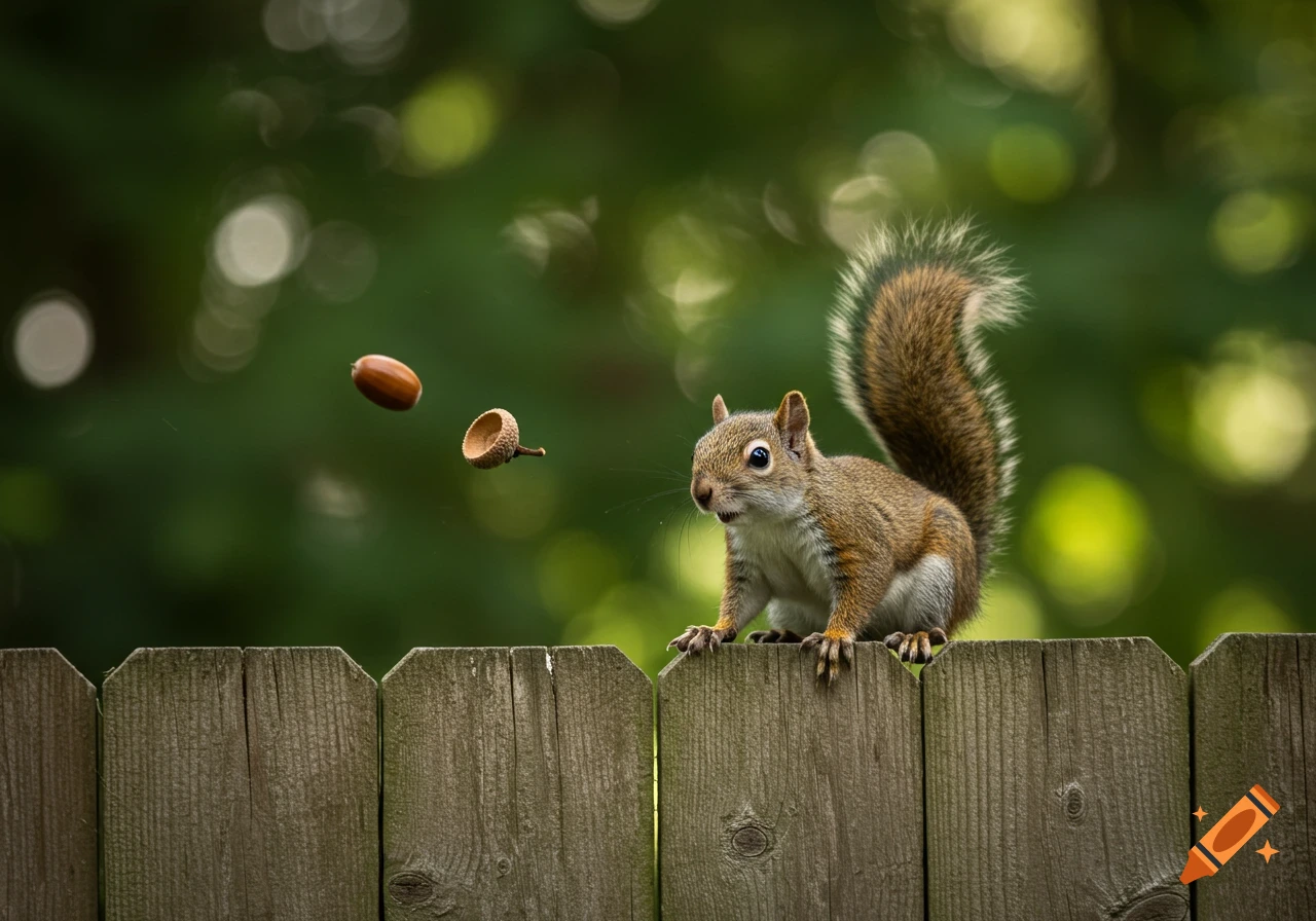 A photorealistic image of a squirrel perched on a wooden fence, looking up as a whole acorn and an acorn cap fall nearby.