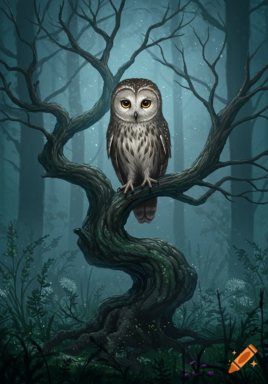 A stylized owl with large yellow eyes perches on a gnarled, mossy tree branch in a dark, misty forest with glowing specks.