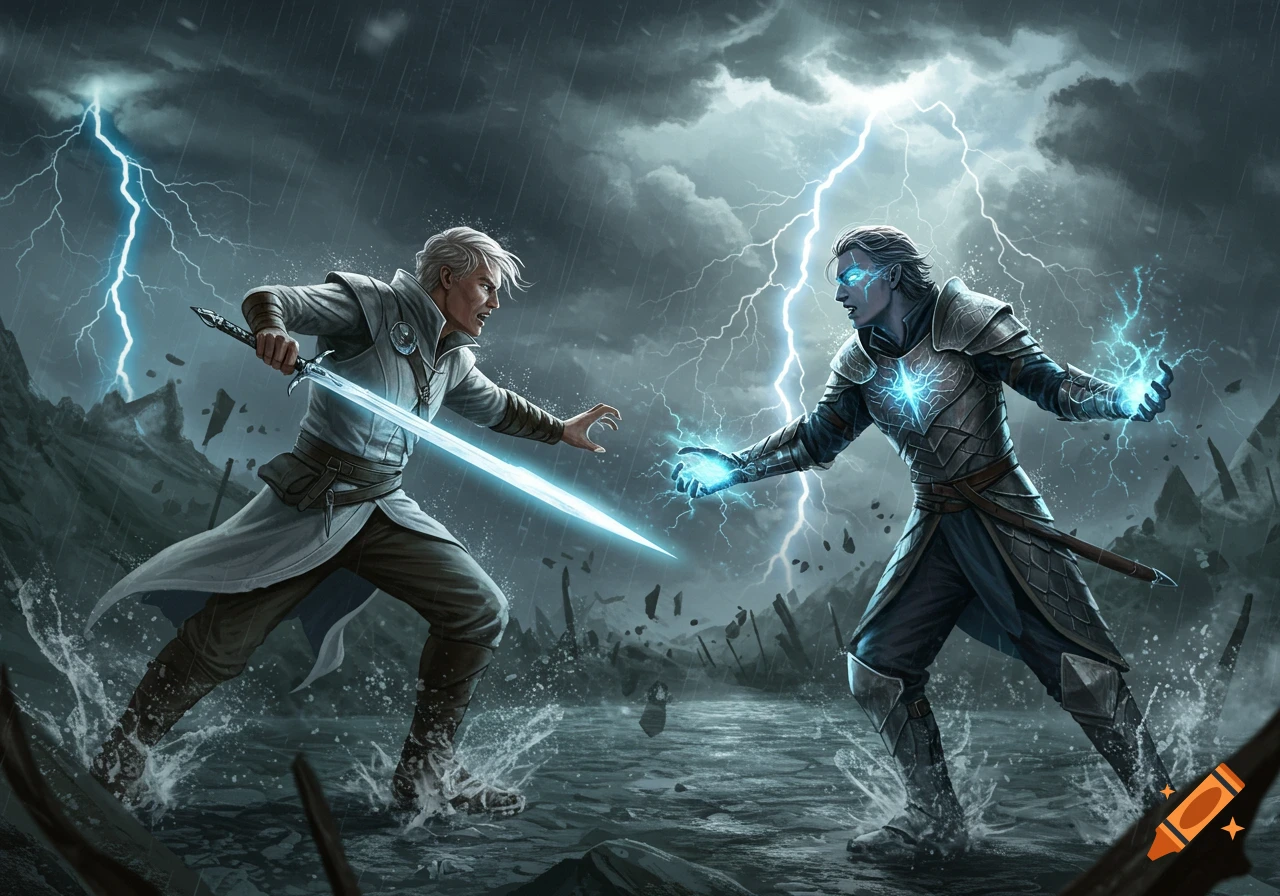 Two fantasy warriors battle with a glowing sword and lightning in a stormy, rainy landscape.