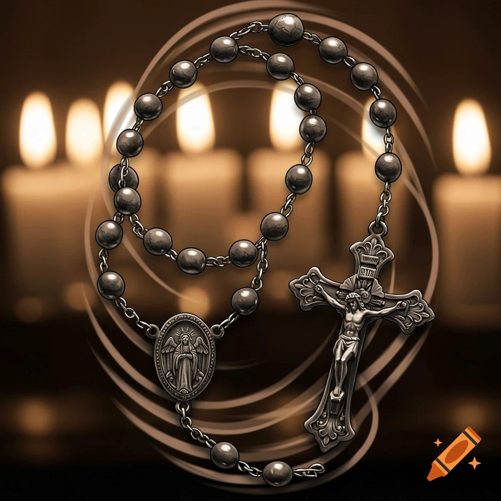 A dark stylized image of a rosary with a crucifix and miraculous medal, set against a blurred background of glowing candles.
