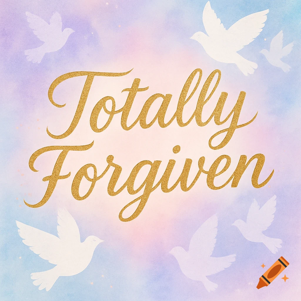Gold glitter text 'Totally Forgiven' on a pastel watercolor background with white dove silhouettes.