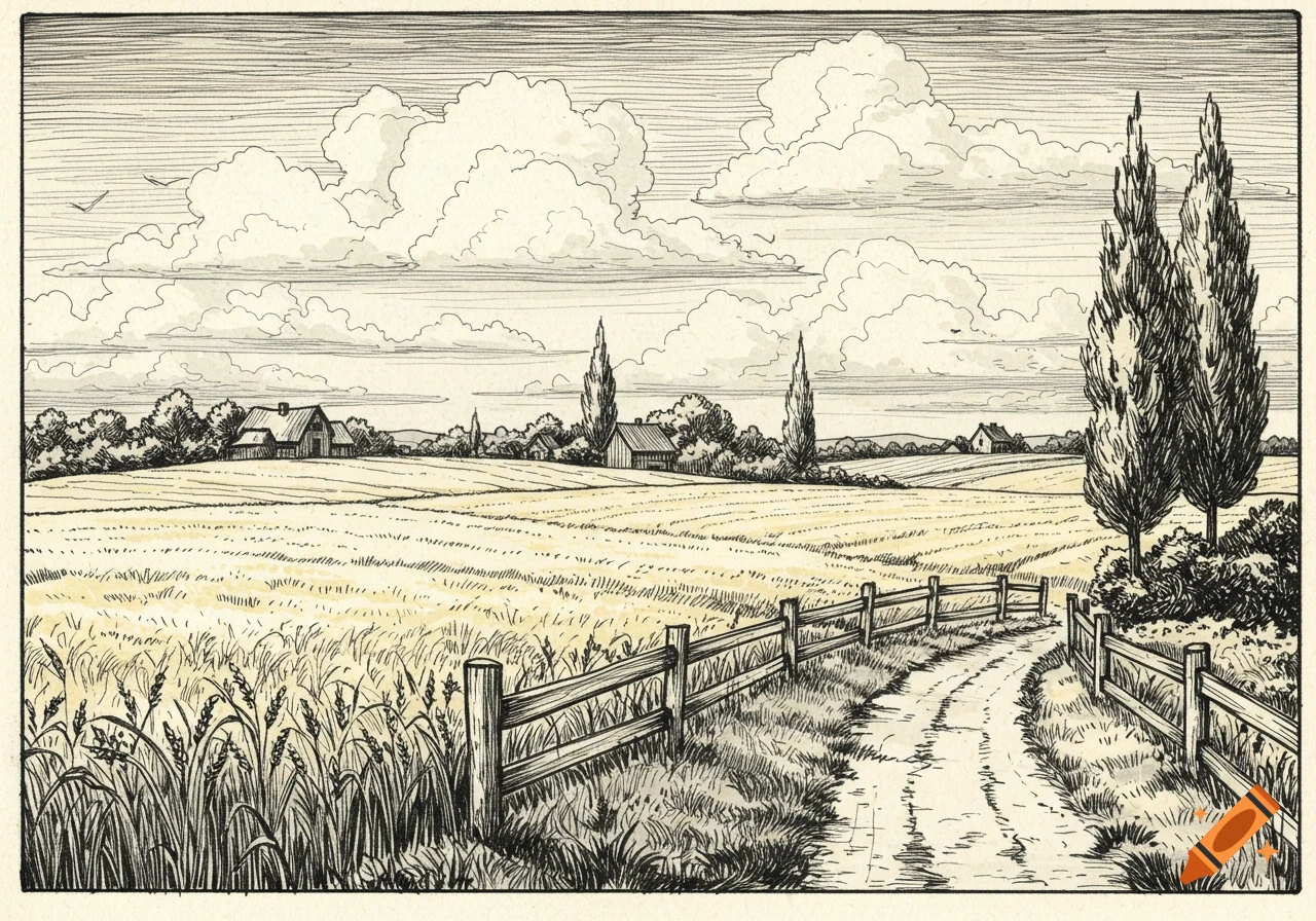 Black and white line drawing of a tranquil rural landscape with fields, a winding dirt path, and distant farmhouses.