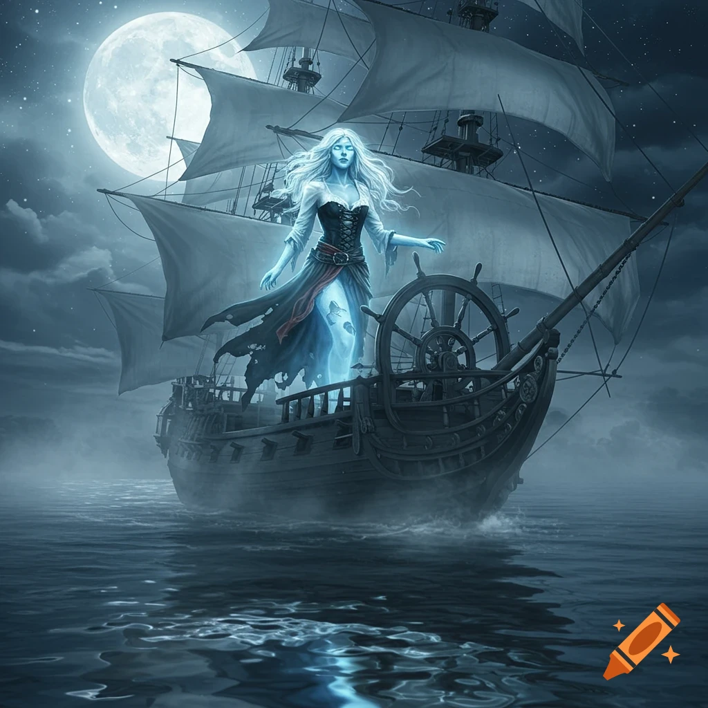 A luminous ghost woman with white hair stands on a spectral pirate ship sailing under a large full moon on dark waters.