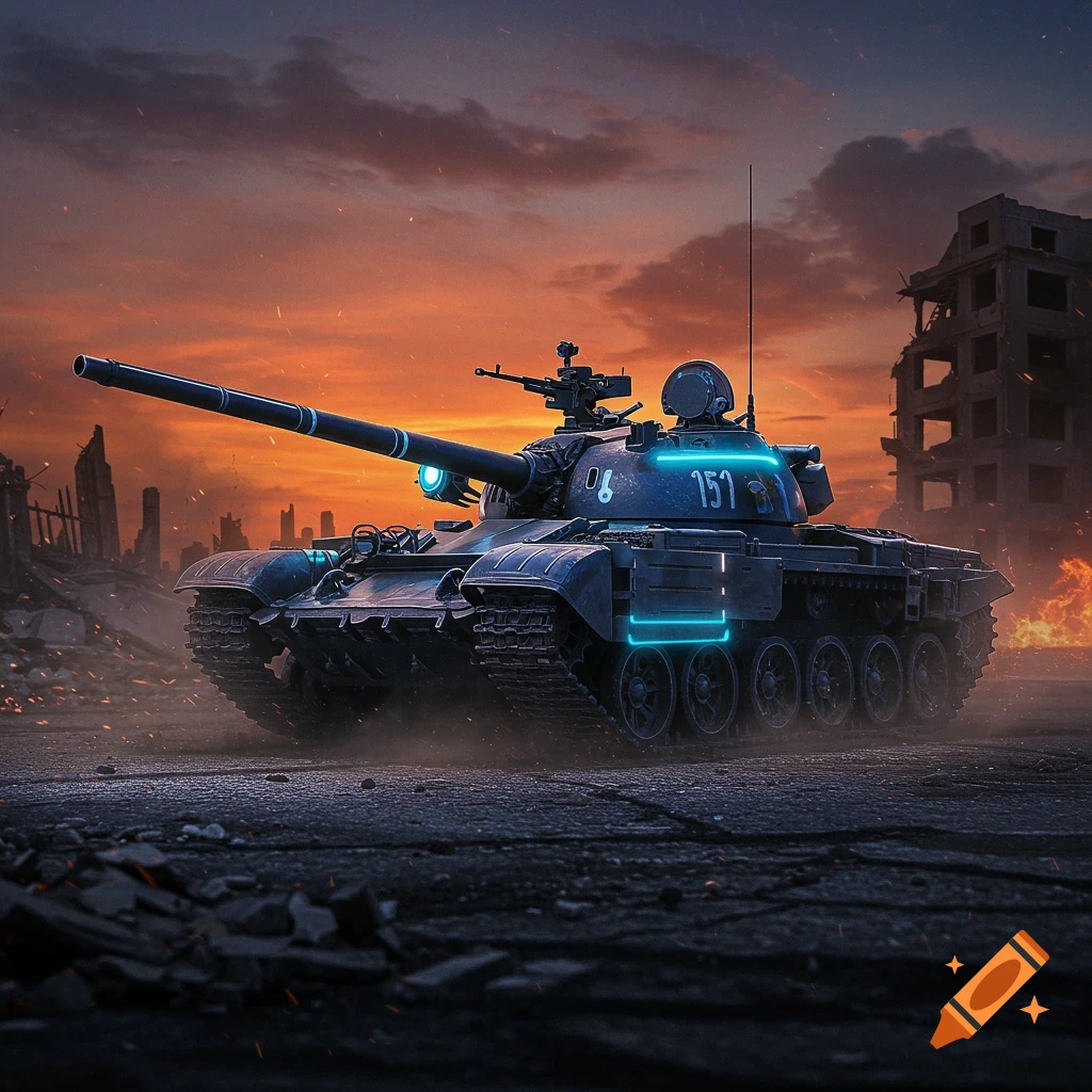A modernized T-55 tank with glowing blue lights drives through a ruined city at sunset, with destroyed buildings and fires in the background.