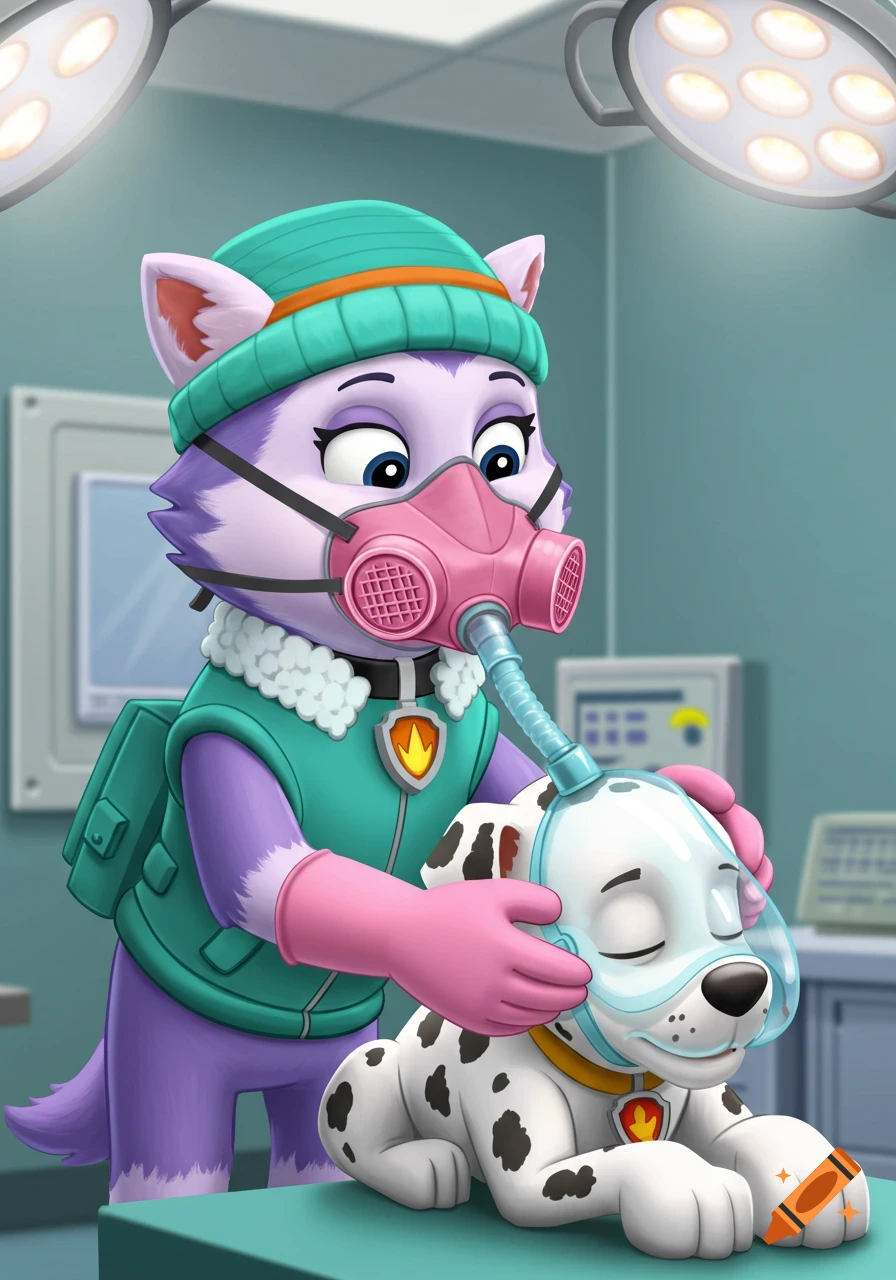 Cartoon Everest, a lavender husky in a medical mask and gloves, gently places an anesthetic mask on Marshall the Dalmatian in an operating room.