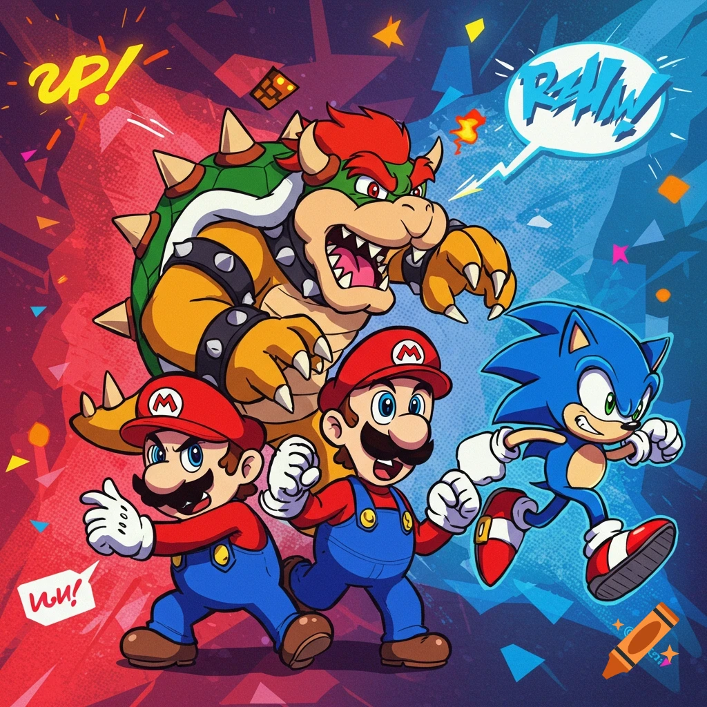Comic book style illustration of Mario, a second Mario, Bowser, and Sonic the Hedgehog. The background is split red and blue with graphic elements and speech bubbles.