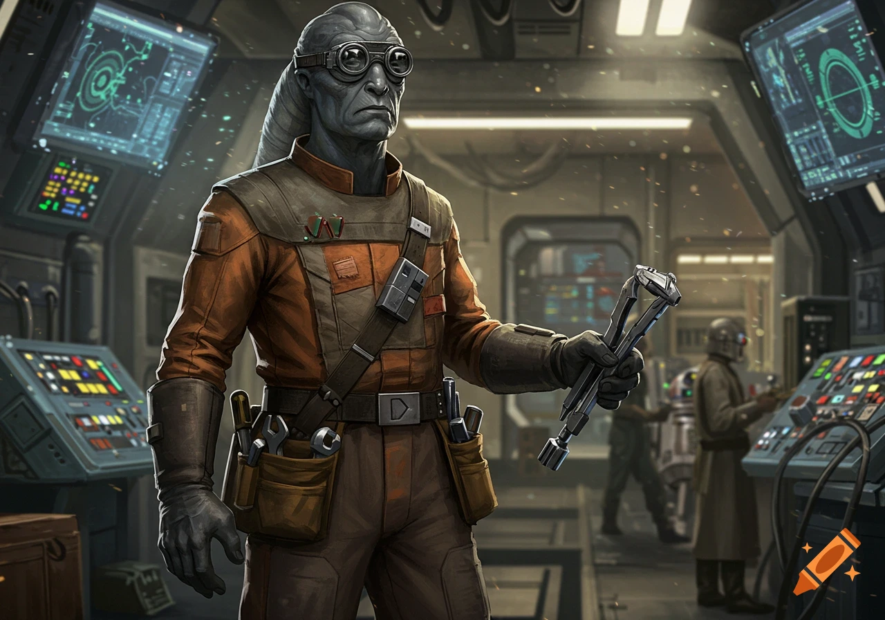 A photorealistic grey-skinned alien mechanic with goggles and an orange jumpsuit stands in a futuristic starship workshop, holding a tool.