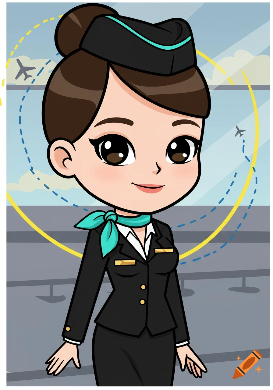 Cute cartoon brunette flight attendant in a black uniform and aqua scarf, with planes in the background.