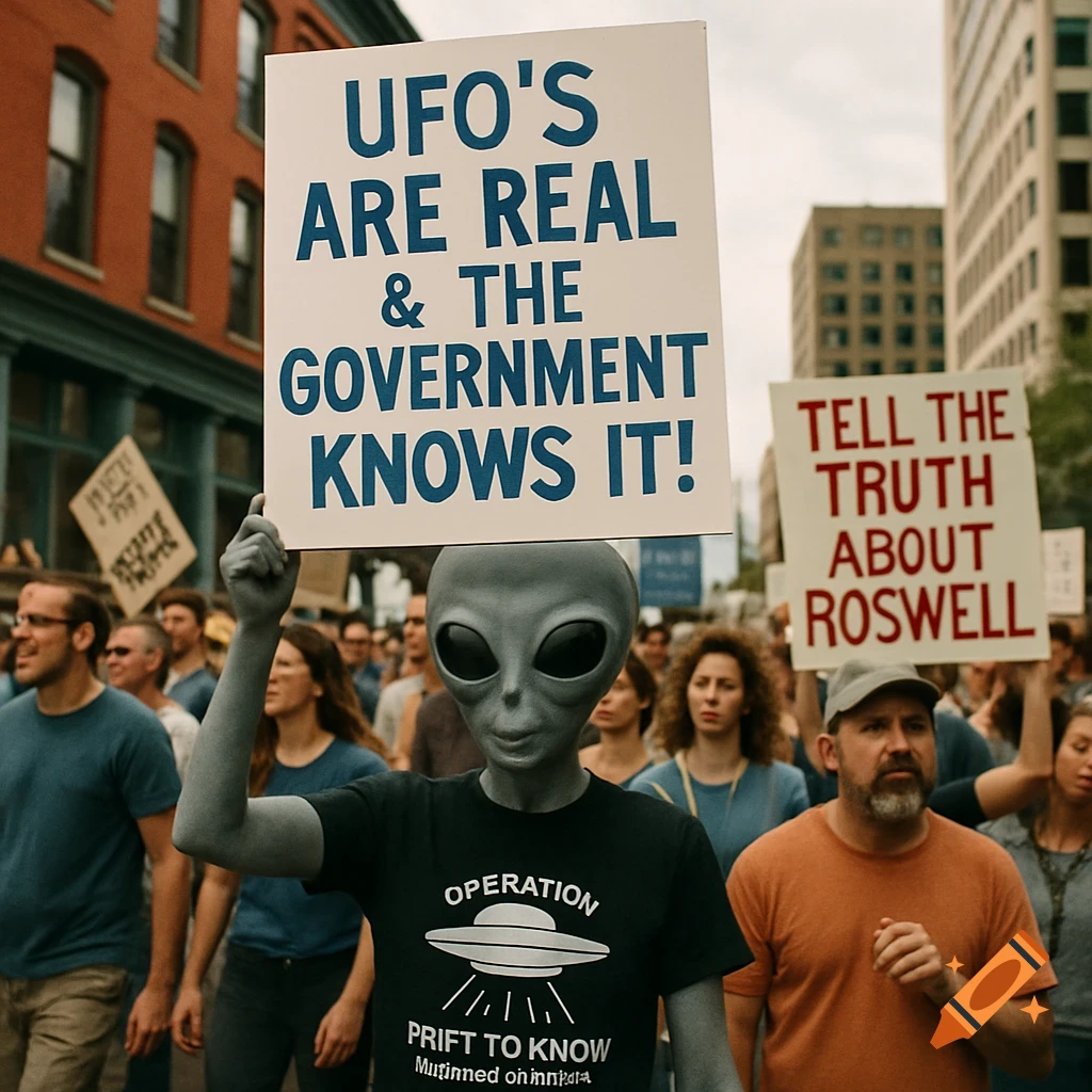 A grey alien protester holds a sign that reads "UFO'S ARE REAL & THE GOVERNMENT KNOWS IT!" in a city street full of human protesters holding signs.