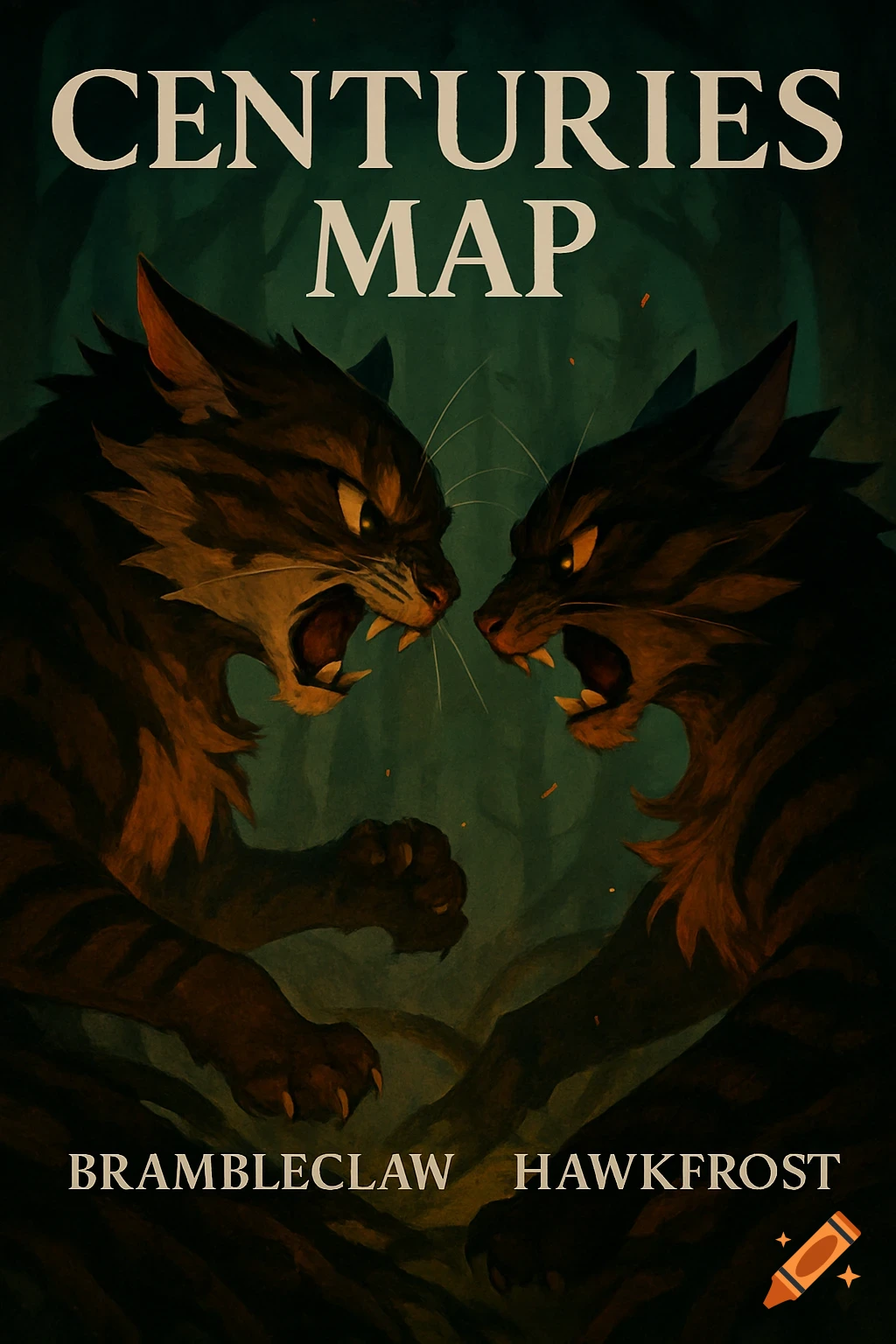 Two angry, growling tabby cats with glowing eyes face each other in a dark forest. Text reads "CENTURIES MAP" and "BRAMBLECLAW HAWKFROST".