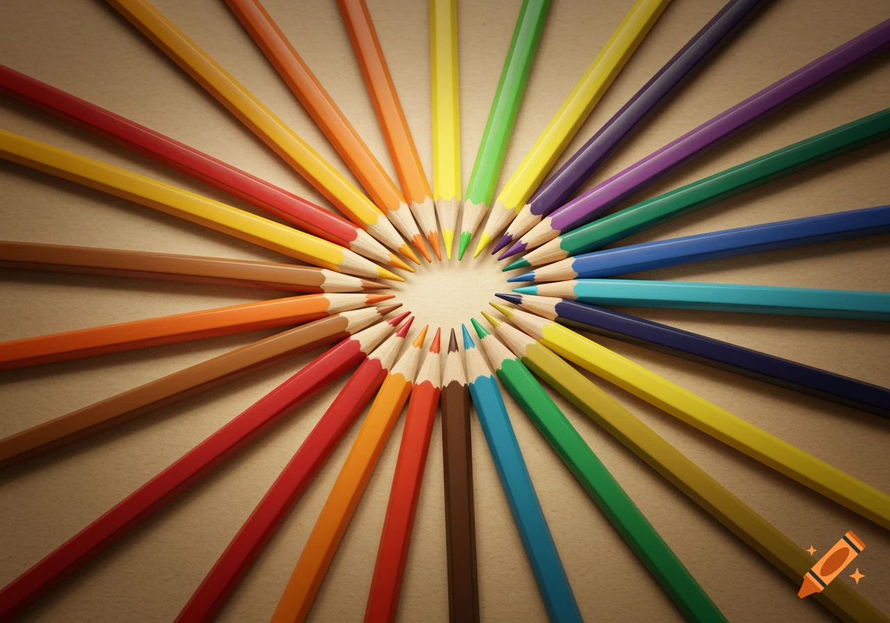 A vibrant circle of sharpened colored pencils on a light brown surface, tips meeting in the center.