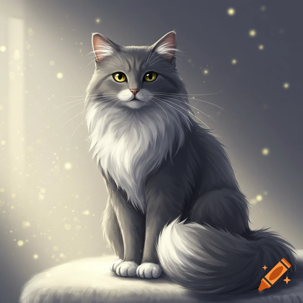 A fluffy grey and white cat with bright yellow eyes sits in an anime art style, surrounded by soft light and golden sparkles.