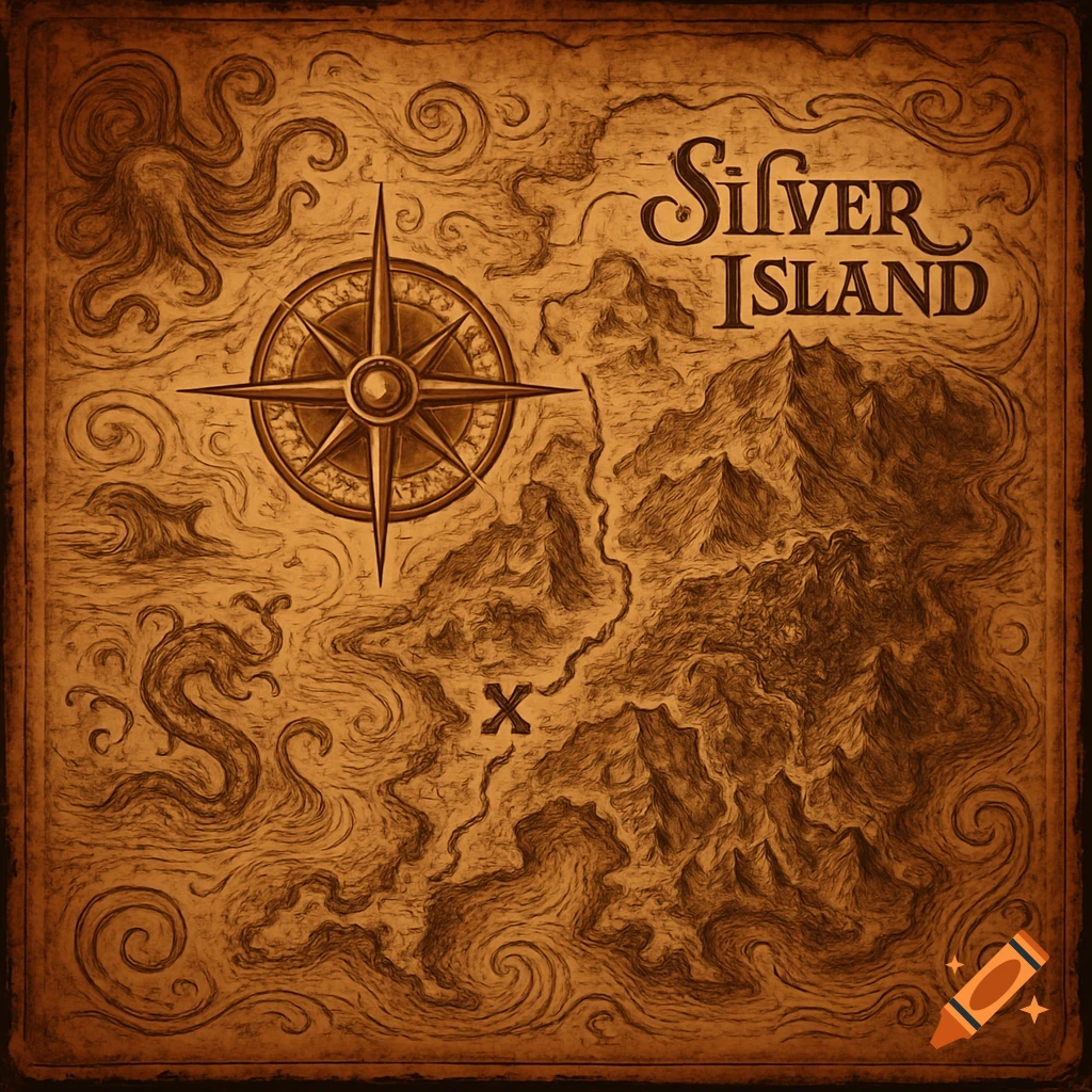 Detailed, sepia-toned pirate map with 'Silver Island' text, mountains, a compass rose, and an 'X' marking a spot.