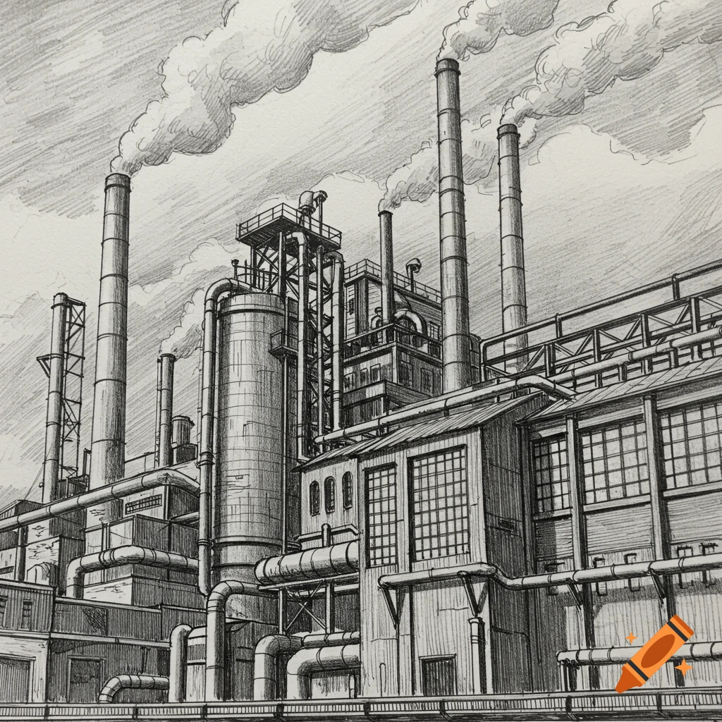 Detailed black and white sketch of a large industrial factory with multiple smokestacks, pipes, and buildings, emitting smoke.