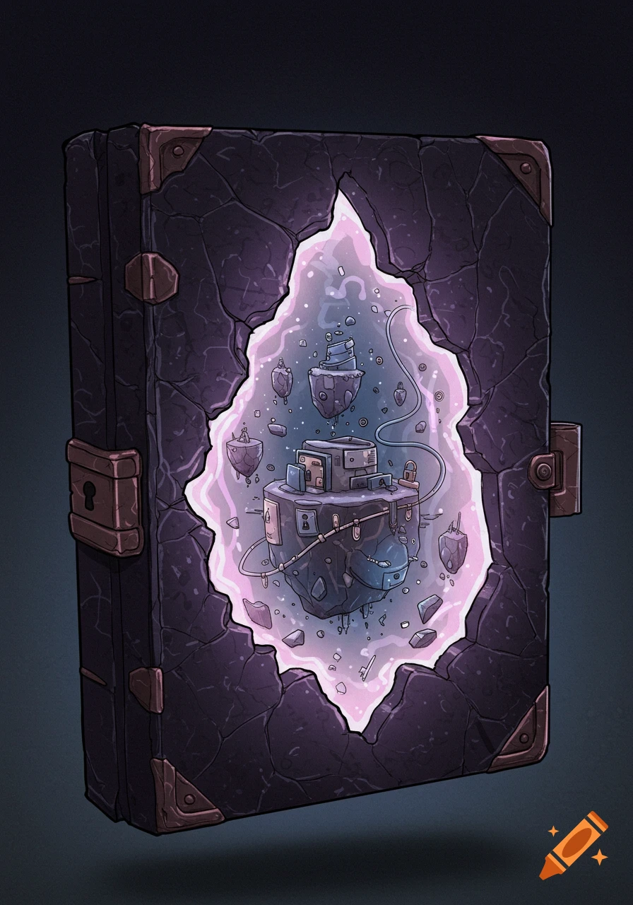A dark, cracked, obsidian-like book with a glowing pink portal revealing a miniature world of floating islands, wires, and locks.